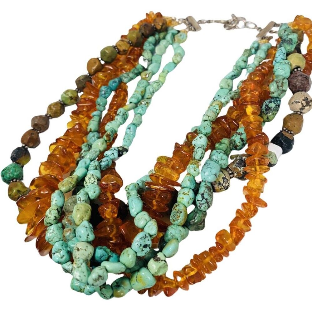 M Salazar 925 Sterling Silver Amber Turquoise Multistrand Statement Necklace 19" - Picture 16 of 16